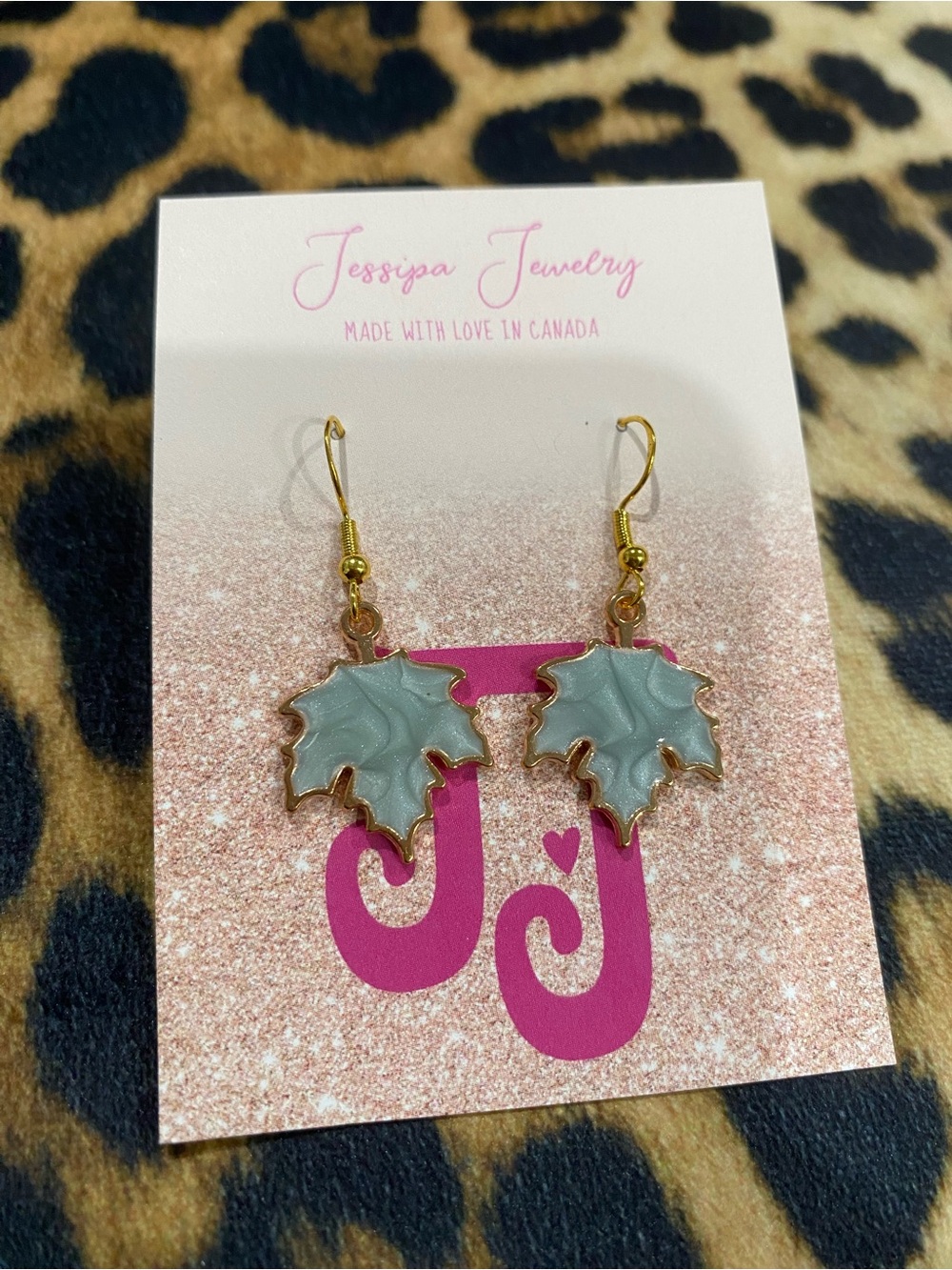 Gold-Trim Blue Leaf Drop Earrings